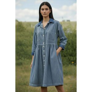 Vintage 80s/90s Hickory Railroad Stripe Denim Prairie Shirt Dress Made in USA 10